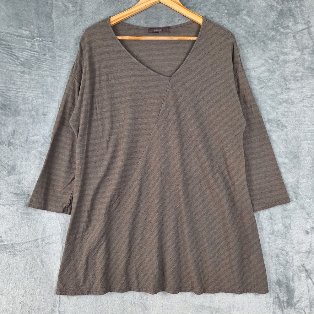 Womens Top Large Brown Linen Blend Beach Coastal Lagenlook Minimalist Boho